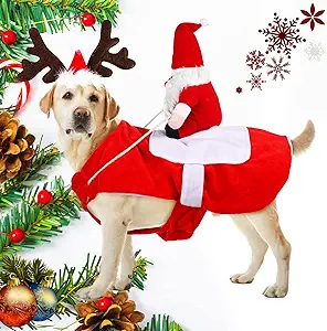 2 Pcs Pet Dog Christmas Costume Dog Santa Claus Riding Costume and Dog Reindeer Antler Headband Pet Elk Headwear Accessories Funny Pet Santa Claus Costume for Christmas Halloween Dress up (X-Large)