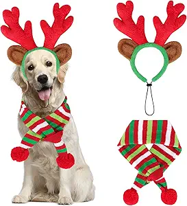 BWOGUE Dog Christmas Reindeer Elk Antlers Headband and Red-White-Green Striped Scarf Set Pet Christmas Costume Dog Costumes Accessories for Dogs and Cats