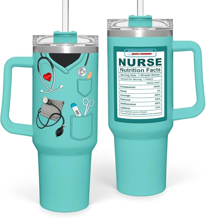 SANDJEST Nurse Gifts for Women Nutrition Facts Tumbler with Handle 40oz Stainless Steel Insulated - Nurse Scrubs Coffee Cup, Gift for Nurses Week, Nurse Appreciation Gifts